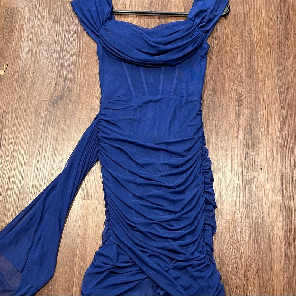 Blue Ruched One Shoulder Cocktail Gown